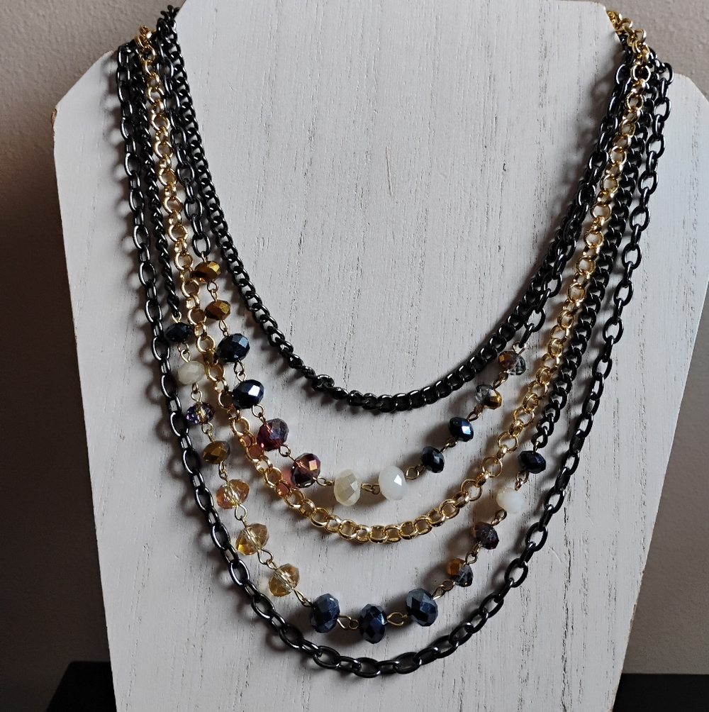 Beautiful Multi Strand Chain Beaded Statement Necklace | Gunmetal & Gold